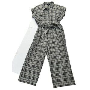 Chaps Navy Blue Plaid Button Down Jumpsuit Womens Size 16 Wide Leg Short Sleeves